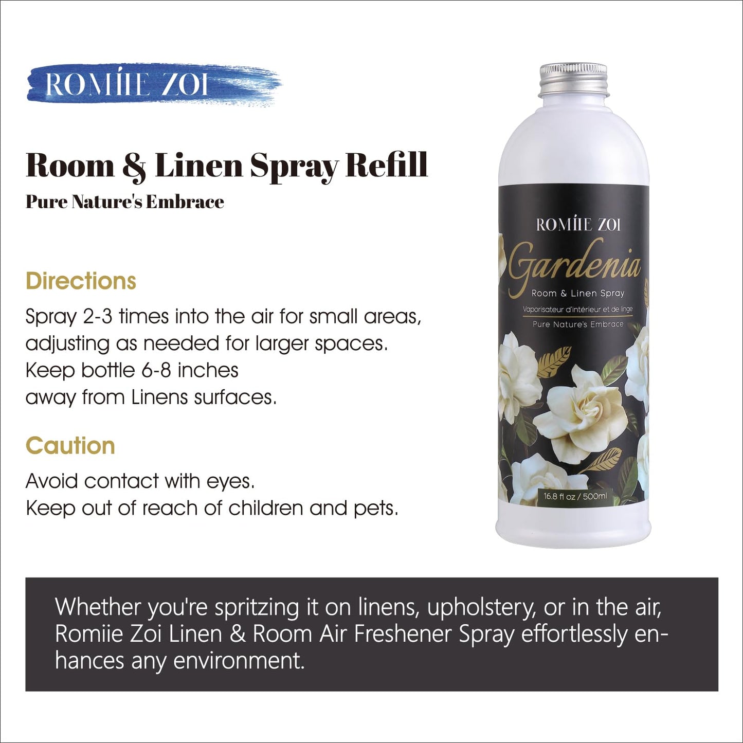 ROMIIE ZOI Gardenia Room Spray Refill - 500ml / 16.8 Fl Oz - Creamy Floral Fragrance for an Elegant, Luxurious Ambiance - Concentrated Air Freshener