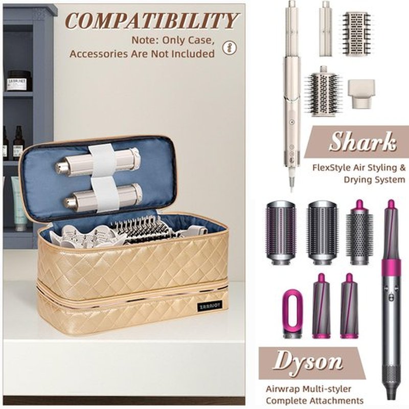 ZRRAJOY Double Layer Storage Case For Shark Flexstyle, Travel Carrying Case For Shark 430/440 Flexstyle, Organizer Bag For Shark Flexstyle/Dyson Airwrap Styler Attachments (Gold)