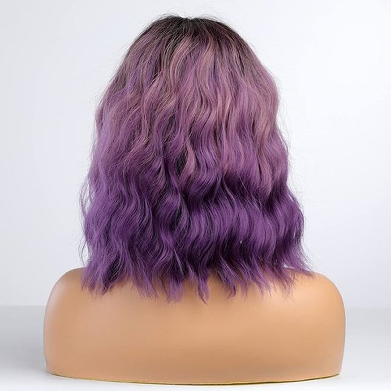 PATTNIUM Ombre Purple Wig with Bangs for Women Short Wavy Curly Bob Purple Wig Shoulder Length Heat Resistant Synthetic Wig (Ombre Purple)
