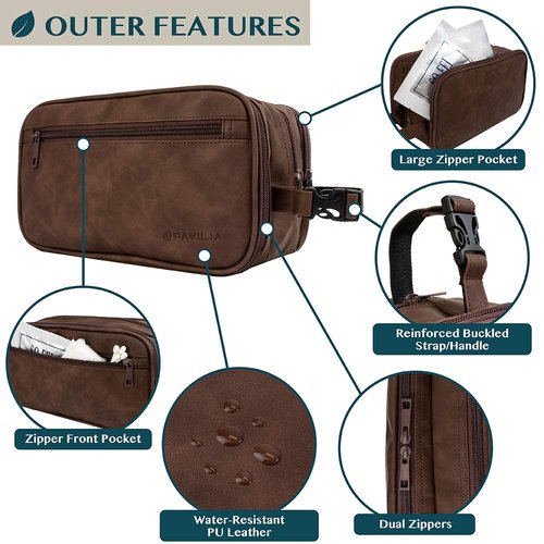 PAVILIA Toiletry Bag for Men, Travel Toiletries Bag | Water-resistant Dopp Kit, PU Leather Shaving Pouch Organizer for Accessories, Cosmetic, Hygiene, Grooming Essentials (Dark Brown)
