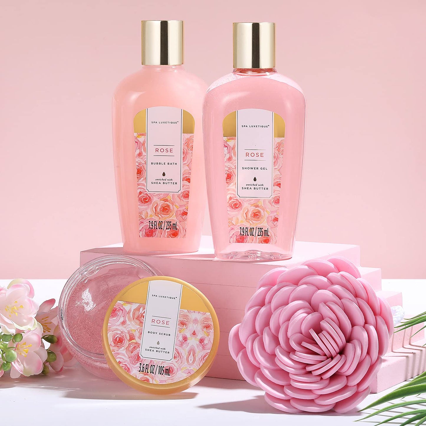 Spa Luxetique Spa Gift Baskets for Women, 12 Pcs Rose Presents Set with Bubble Bath, Bath Bombs, Body Lotion, Hand Cream, Christmas Gift Basket for Mom