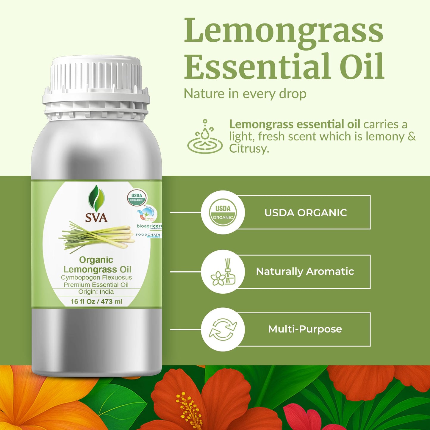 SVA Lemongrass Essential Oil Organic – 16 Fl Oz – 100% Natural Organic Lemongrass Oil for Hair, Face, Skin Care, Diffuser, Aromatherapy, Scalp, Body Massage, Soap and Candle Making