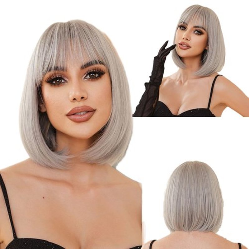 Tangyaoyusun 12Inch Black Wig with Bang Short Straight Bob Hair For Girls Women Theme Party (Silver Gray)