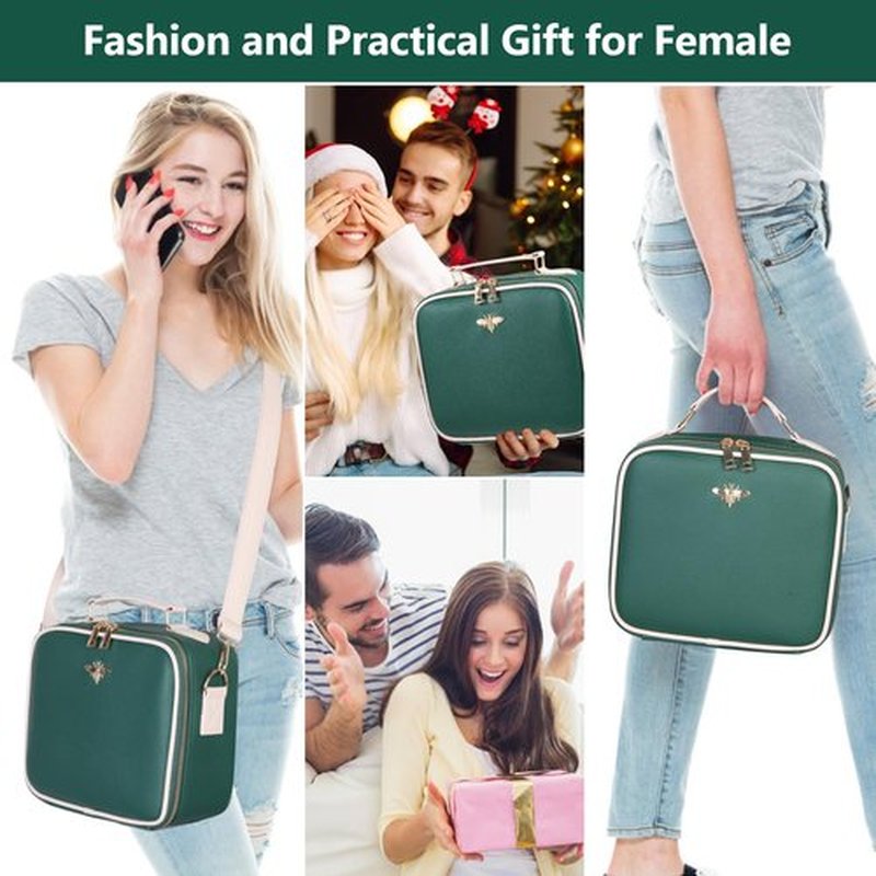 GERYUAEG Travel Makeup Bag with Mirror of LED Lighted, Rechargeable Cosmetic Train Case Artist Makeup Organizer for Women with Adjustable Dividers, Makeup Brushes Holder and Strap (Green)