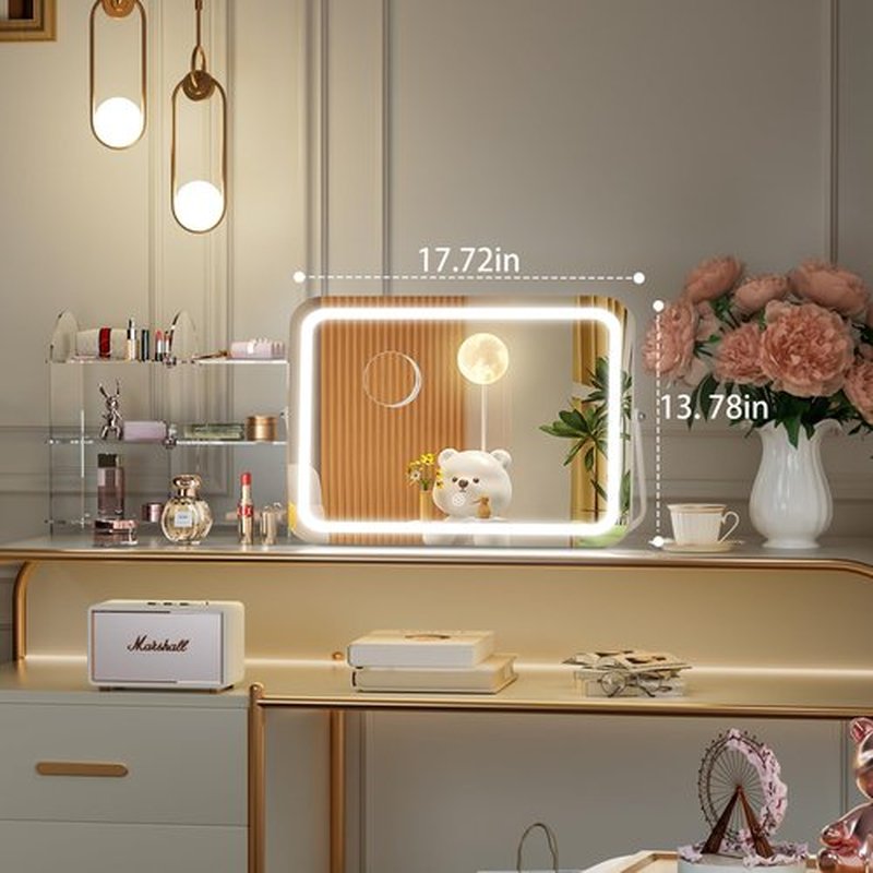 Hasipu Vanity Mirror with Lights, 18" x 14" LED Makeup Mirror, 3 Modes Light, Smart Touch Control Dimmable, 360°Rotation, Rounded Rectangle White Frame, with 5X Magnifying Glass