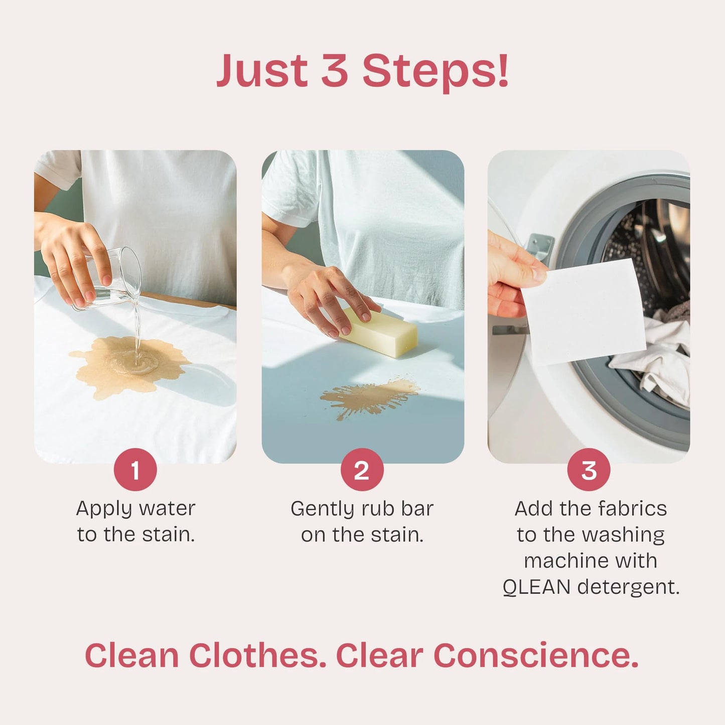 QLEAN Vegan Stain Remover Bar for Fabrics, Laundry Bar Soap for Clothes – Plant-Based, Travel-Friendly Stain Remover for Grease, Wine, Coffee, Grass & More – Non-Toxic & Safe for Delicates (1)