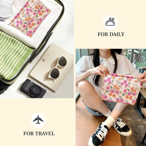 STARDW Floral Cosmetic Bags Makeup Bags for Women and Girls,Travel Makeup Bag Large Capacity Canvas Makeup Bag,Makeup Organizer Bag Zipper Pouch (Pink Flowers)