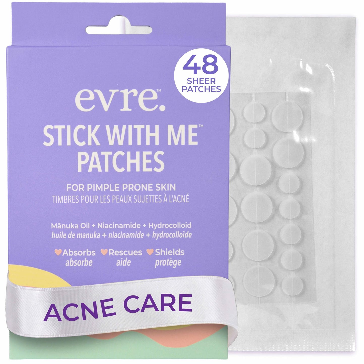 Evre Teen Stick With Me Pimple Patches, 48 Patches, Absorbs, Protects & Heals, with Mānuka Oil & Niacinamide, Gentle, Sheer Hydrocolloid Patches, 4 Sizes for Every Spot