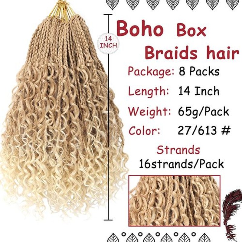 Beverlee Boho Box Braids 8 Packs Goddess Box Braids 14 Inch Bohemian Box Braids Crochet Hair Crochet Box Braids with Curly Ends Pre-looped Synthetic Crochet Hair for Black Women 128 Strands 27/613#