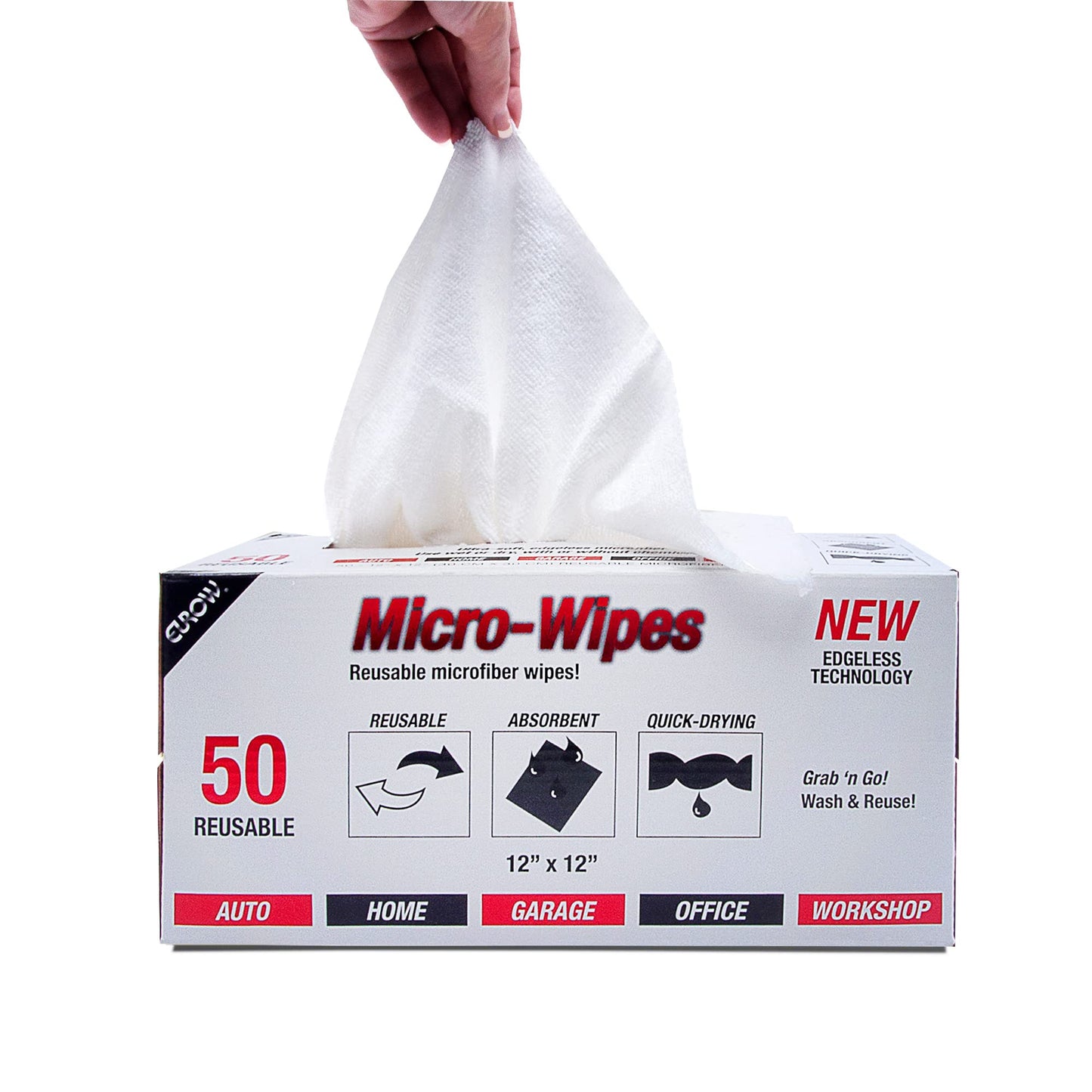 Eurow 200GSM Microfiber Cleaning and Drying Cloths with Dispenser Box, Reusable, Streak-Free, Scratch-Free, Ultra Absorbent, Edgeless for All Surface Types, 12x12in, 50-Pack, White