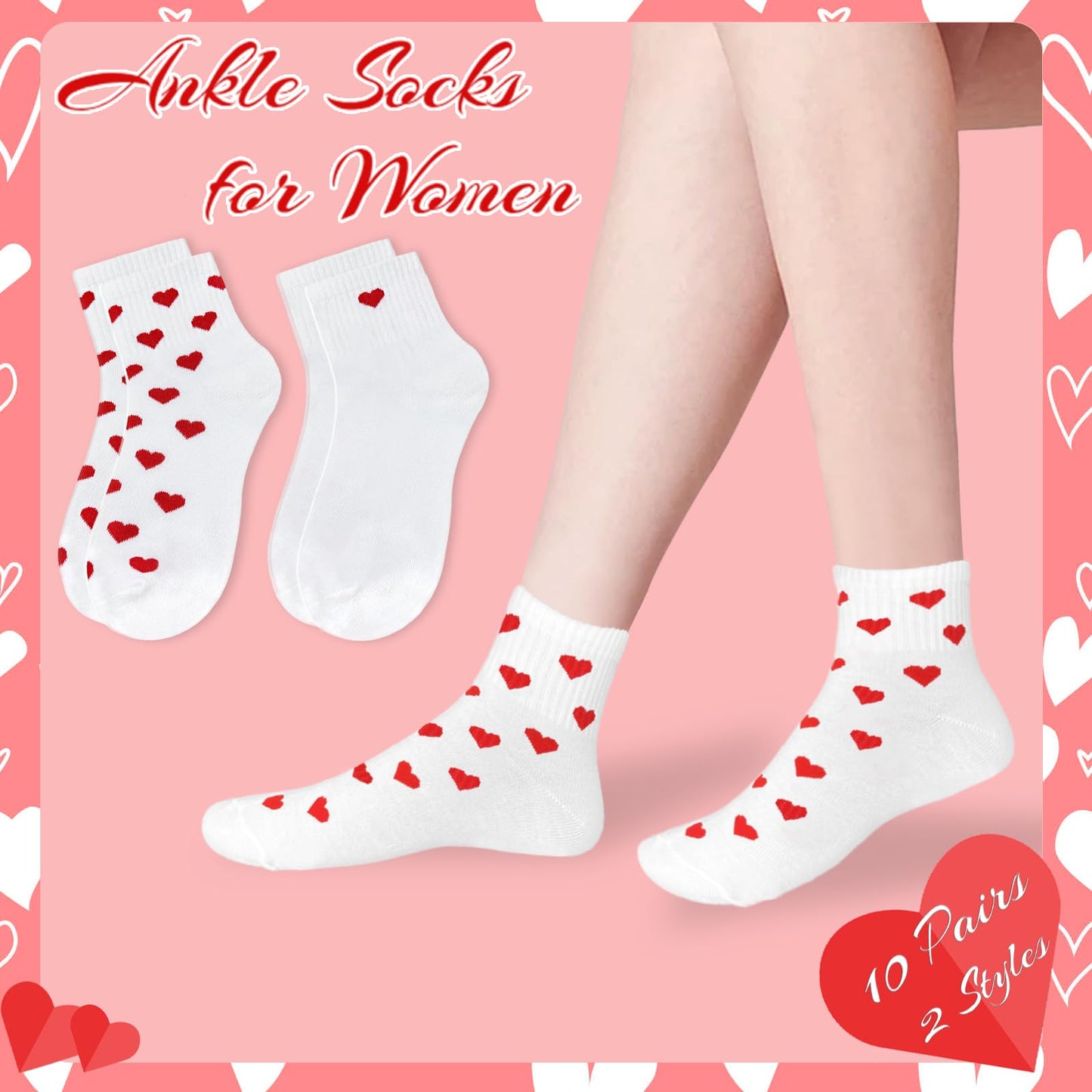Xanllaxa 10 Pairs Cute Heart White Red Socks,2 Styles Ankle Socks for Women,Frilly Fun Heart Pattern Crew Socks,Novelty Aesthetic Sock for Girls,Valentine's Day,Gifts,Party