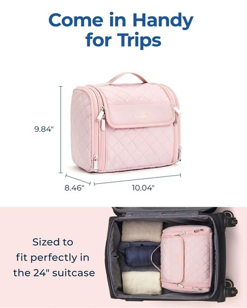BAGSMART Makeup Bag Cosmetic Travel Bag with Hanging Hook, Water-resistant Make Up Bag Organizer for Accessories, Brushes, Sponge, Full-size Container, Toiletries, Pink
