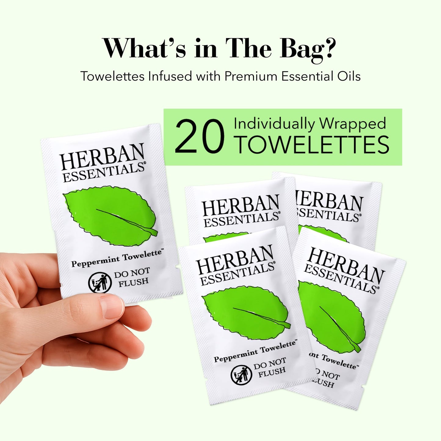 Herban Essentials - Peppermint Wipes & Towelettes - Essential Oil Wipes for Hands & Body - Travel Size Essentials and Toiletries - Natural, Individually Wrapped, Disposable & Moist Refresh (7 count)