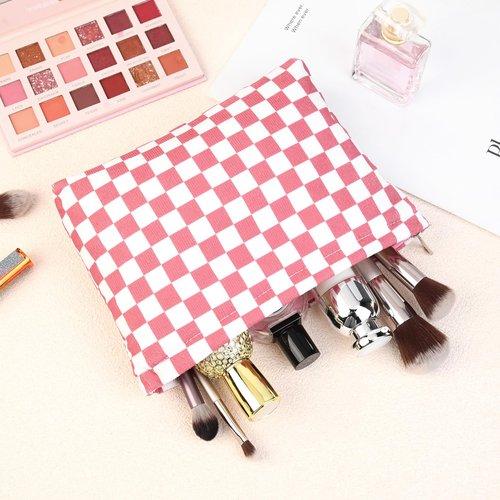 SOIDRAM 2 Pcs Checkered Makeup Bag Large Cosmetic Bag Toiletry Bag Makeup Pouch Travel Bag Organizer Cute Makeup Brushes Aesthetic Accessories Storage Bag for Women Peach Pink