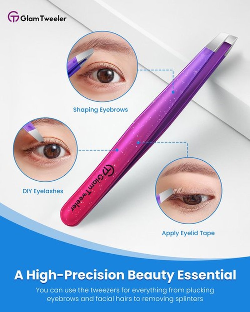 Expert Slant Tip Tweezers with Leather Travel Case, GlamTweeler Sharp & Precision Stainless Steel Tweezer for Eyebrows, Facial Hair and Fine Hairs Removal (Sparkle Deep Violet & Lavender)