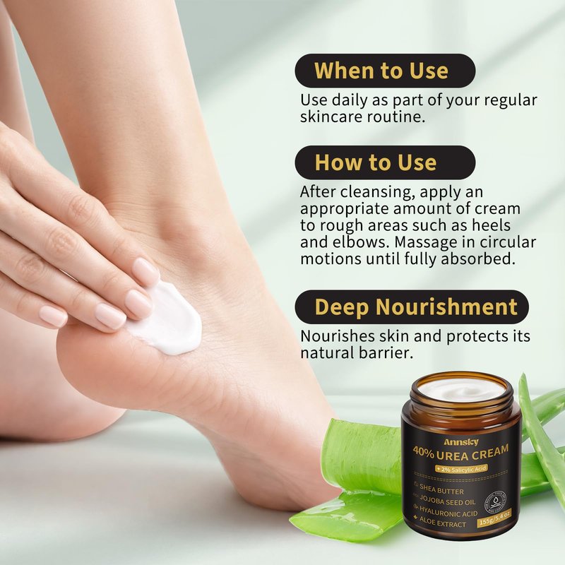 Annsky Urea Cream 40% Plus Salicylic Acid 2%, Foot Cream for Dry, Cracked Heels, Calluses Professional Feet Maximum Strength Moisturizing Cream, 155g