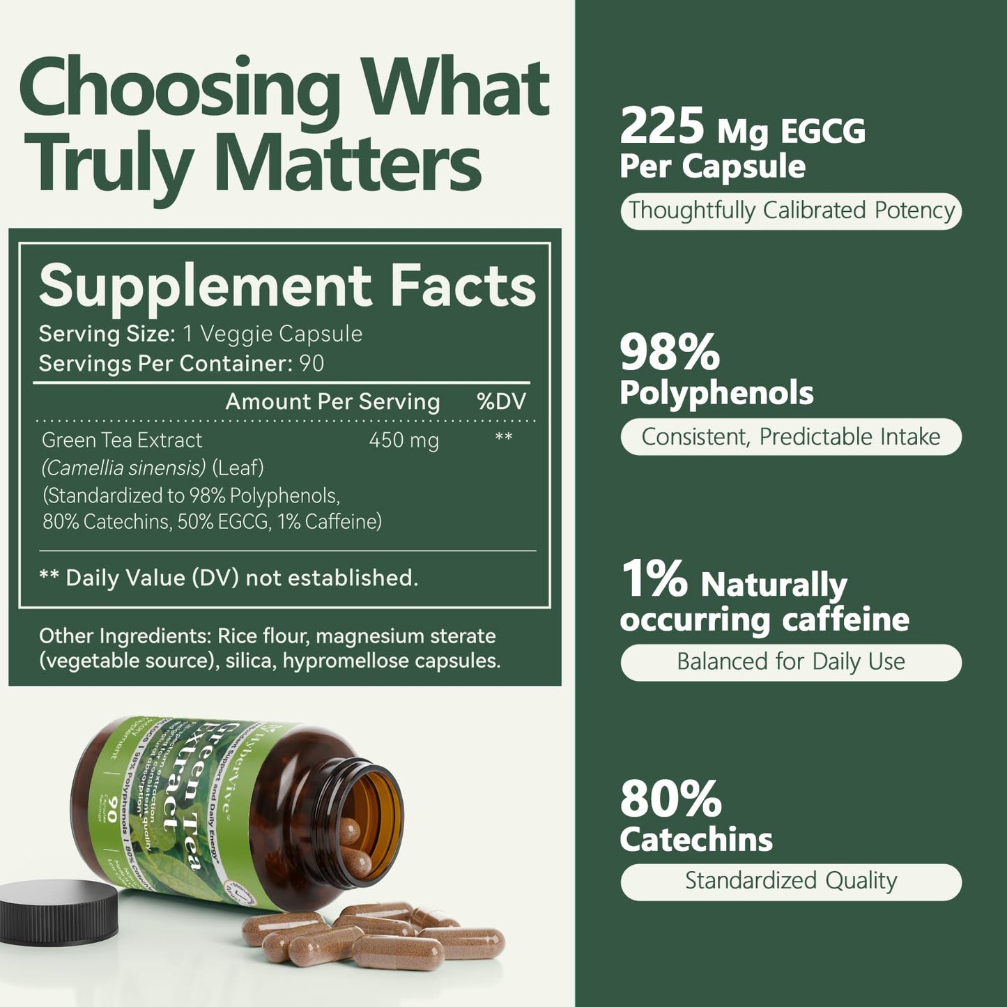HyberVive Green Tea Extract 450MG, High-Potency 50% EGCG (Standardized), 98% Polyphenols & 80% Catechins, Antioxidant & Metabolic Support, Naturally Low in Caffeine, Non-GMO, Made in USA, 90 Capsules