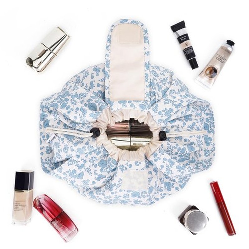 Barrel Drawstring Makeup Bag Large Cosmetic Bag Make up Bags Toiletry Organizer for Women (Little Blue Flower) (Patent)