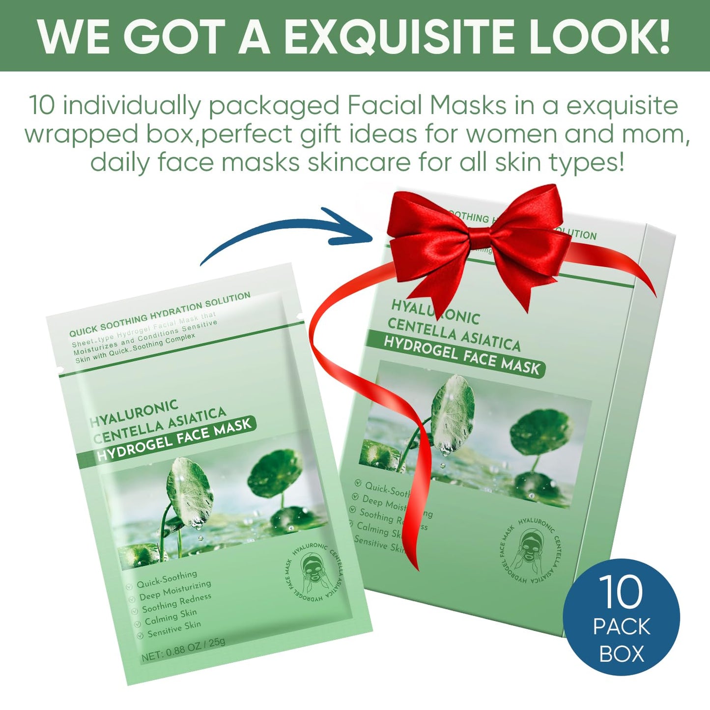 Calming Mask for Face, Centella Asiatica Calming Mask, Facial Masks with Aloe Hyaluronic Acid for Sensitive Skin,Soothing,Anti Aging Face Mask,Face Masks Skincare,Hydrating Sheet Facial Masks 10 pack