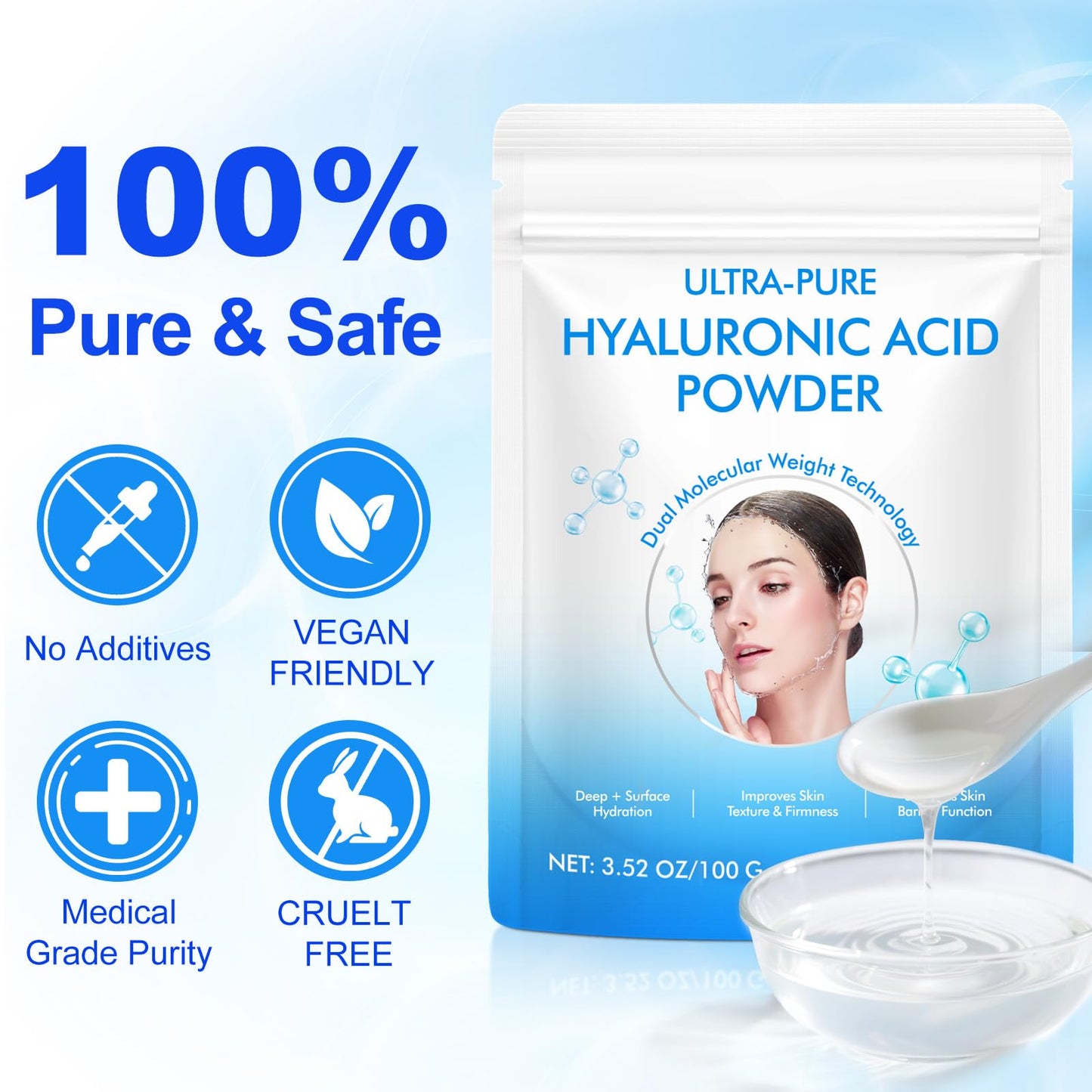 Hyaluronic Acid Powder, Deep + Surface Hydration Dual Molecular Weight Hyaluronic Acid Serum Powder, Improves Skin Texture & Firmness, Organic Moisturizing Ingredient for DIY Facial Serum, 100g