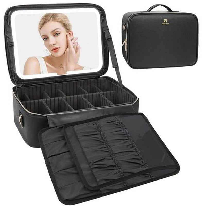 Relavel Makeup Case Large Makeup Bag with LED Mirror, Professional Train Case 16.2 inch, Travel Cosmetic Organizer Brush Holder Waterproof Makeup Artist Storage Box with Adjustable Strap