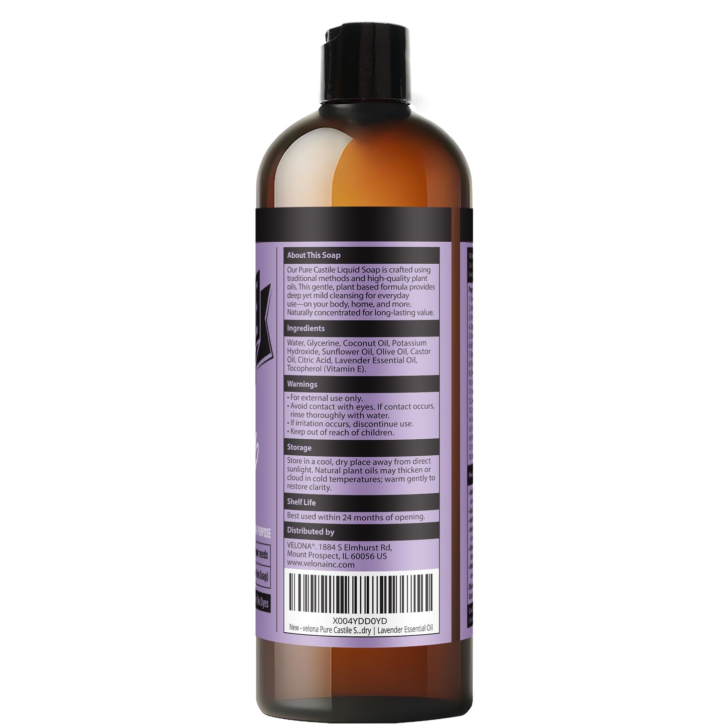 velona Pure Castile Soap - 16 Fl oz | Mild & Gentle | Face, Hand, Hair, Body Wash, Laundry | Lavender Essential Oil