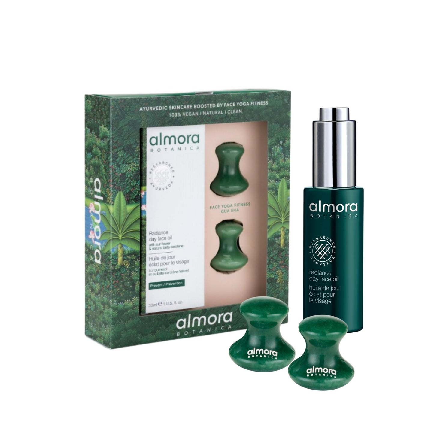 Almora Botanica Radiant Glow Gift Set – 3 Piece | Radiance Day Face Oil (30 mL) & Two Aventurine Green Gua Sha Stones | Ayurvedic Skincare & Face Yoga Ritual | Clean, Vegan Beauty Gift