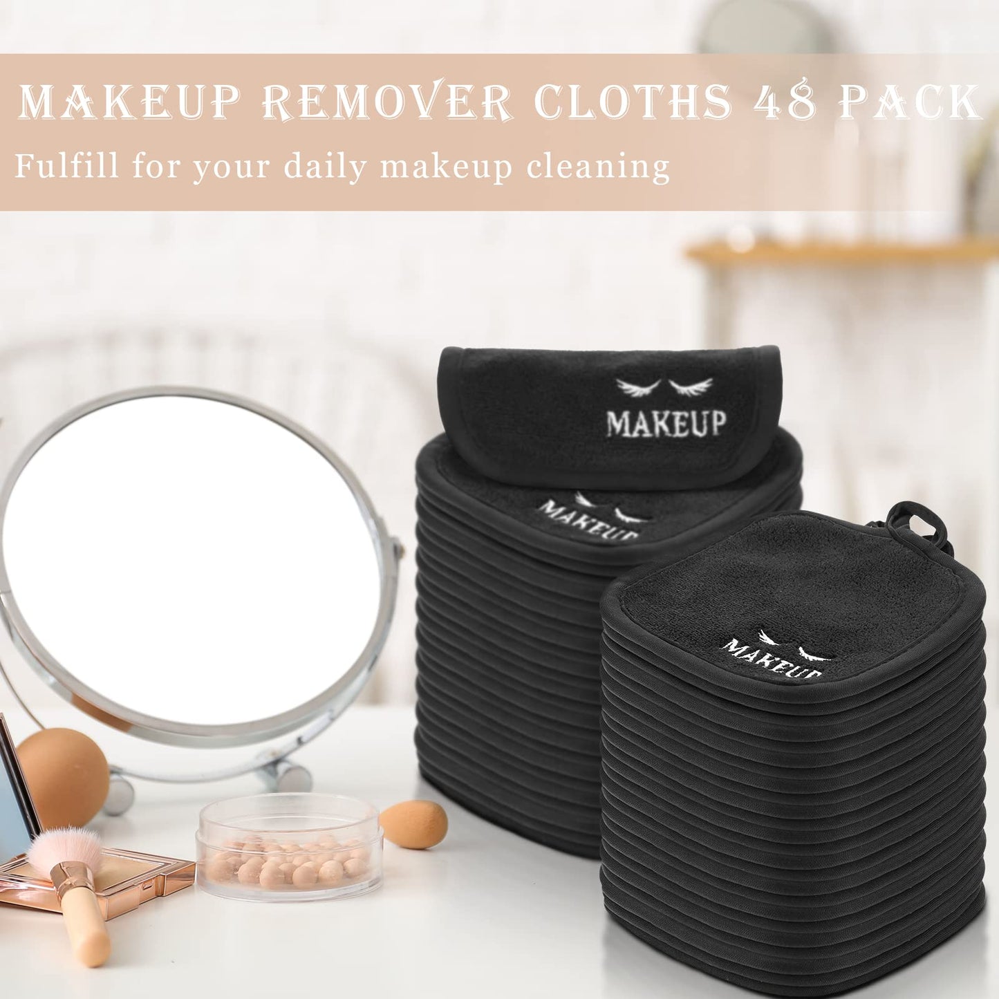 Queekay 48 Pcs Makeup Remover Cloths Reusable Washable Remover Pads Soft Microfiber Face Towels Facial Cleansing Cloths for Face Hand Eye Lips Bathroom Gift for Women 5 x 5 Inch(Black)