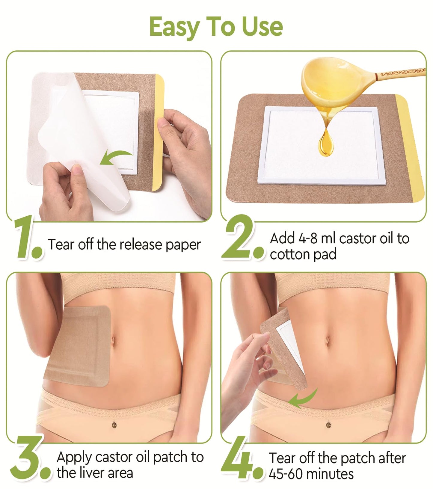 STFOCE 20pcs Castor Oil Pack Wrap, Portable Self-Adhesive, Disposable Castor Oil Pack Organic Cotton for Stomach, Liver, Belly & Entire Body, No Leaks, No Irritation, Stick Overnight (Kahaki)