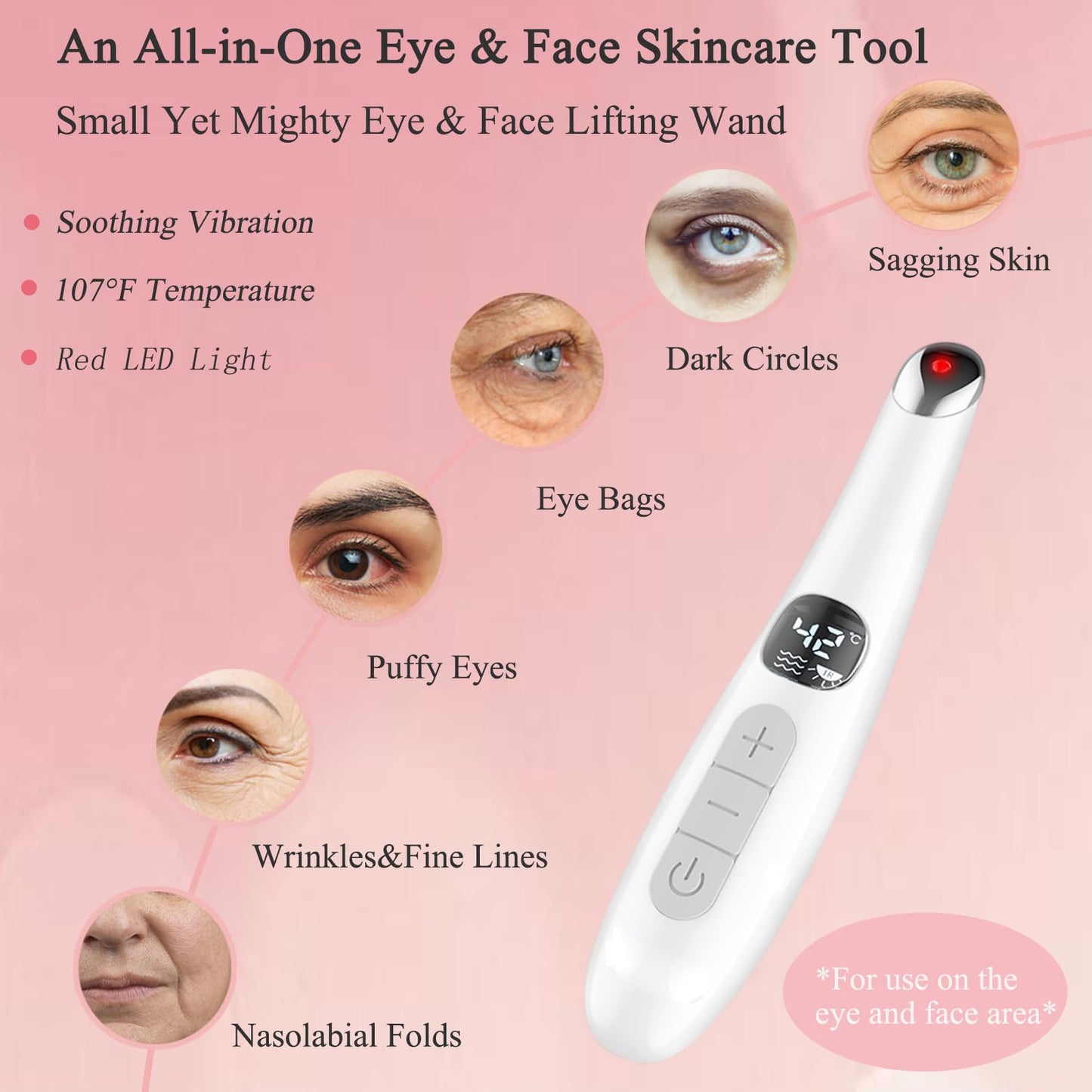 Vowleike Eye Lift Wand, 3 in 1 Vibrating Red Light 98°F to 113°F LCD Display Eye Massager for Dry Eyes, Dark Circles and Puffiness, Electrical Face, Neck Sculpting Pen for Fine Lines and Wrinkles