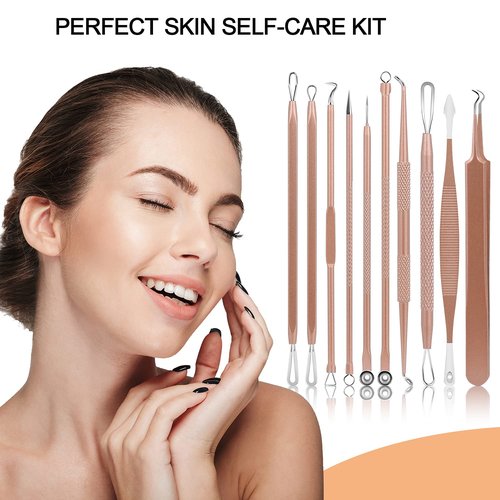 Pimple Popper Tool Kit, MENOLY 10 Pcs Blackhead Remover Comedone Extractor Acne Removal Kit for Blemish, Whitehead Popping,Zit Removing for Nose Face Tools with a Leather Bag (Rose Gold)