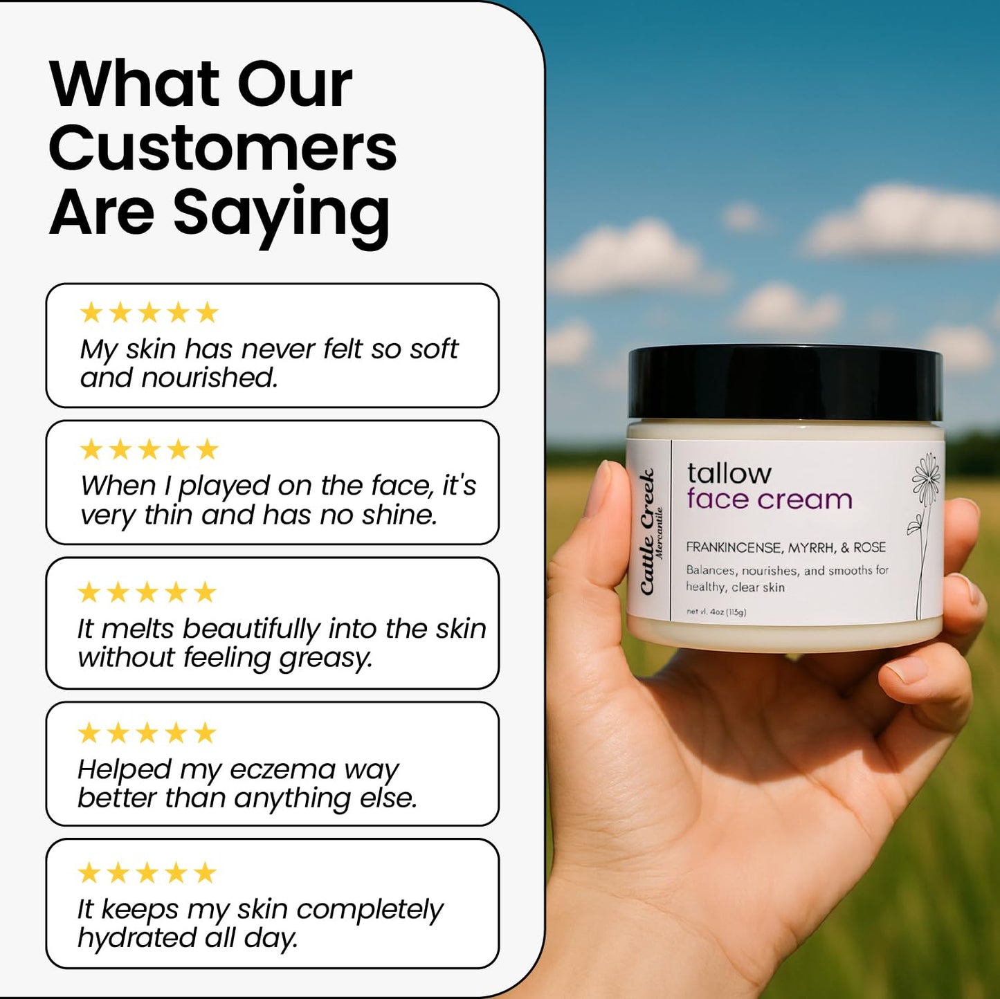 Cattle Creek Tallow Face Moisturizer - Whipped Beef Tallow for Face with Sweet Almond, Myrrh, Frankincense & Rose Oils – Grass-Fed Beef Tallow for Face Care, Hydration & Sensitive Skin (4oz)