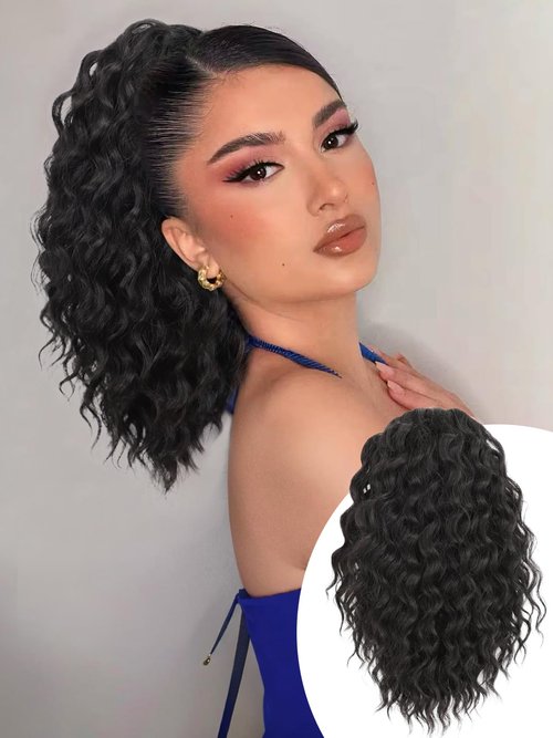 Isaic Ponytail Extension 12 Inch Long Wavy Curly Ponytails Drawstring Ponytail for Black Women Natural Black Pony Tails Hair Extensions Synthetic Hairpiece for Daily Use