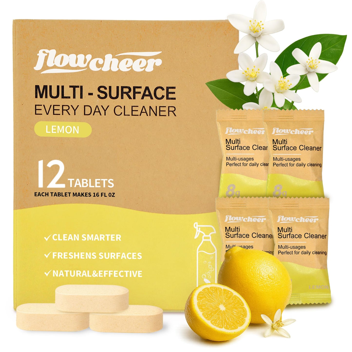 flowcheer Multi Surface Cleaner Refills -12 Pack All Purpose Cleaning Refill Tablet-Makes 192 fl oz Bottles of Spray Cleaner for Household&Kitchen Cleaning (Lemon)