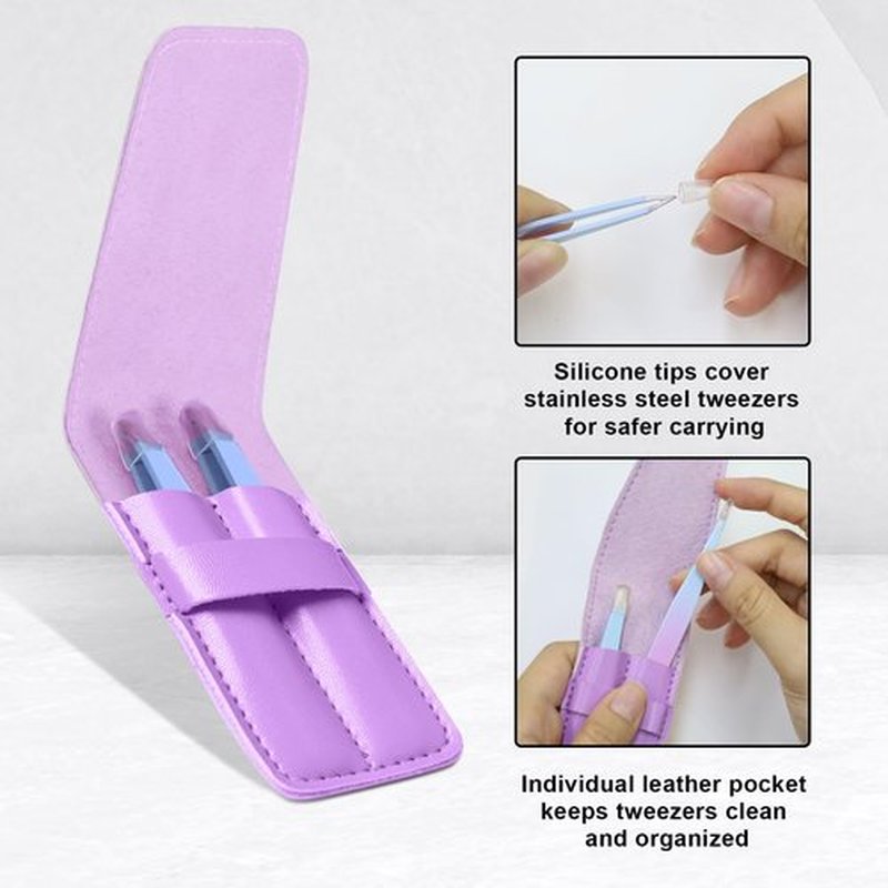 2 Pack Tweezers Set - Professional Stainless Steel Tweezers for Men and Women, Precision Eyebrow Tweezers for Facial Hair, Chin, and Ingrown Hair Removal (Blue&Purple)
