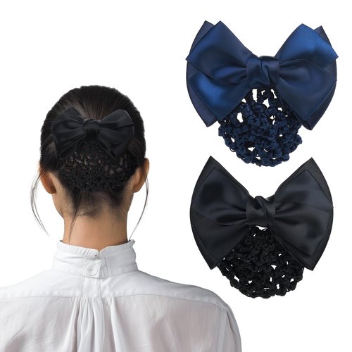 JIYIN 2 Pcs Hair Net with Bow, Elastic Mesh Hair Bun Cover Crochet Barrette Butterfly Ribbon Hair Clip Net Bun Holders With knot Knit Mesh Hairnets Snoods for Women(blue+black)