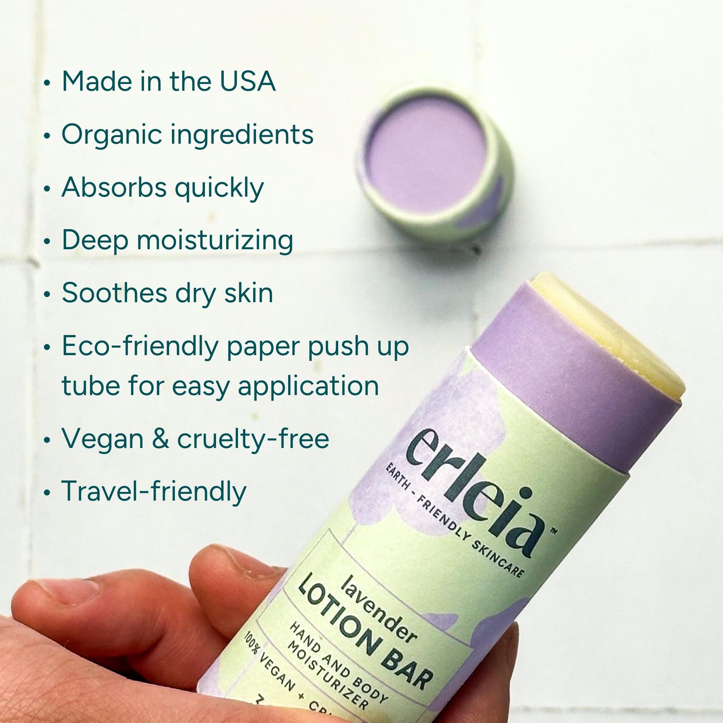 Erleia Travel-Friendly Lotion Bar, Vegan Cruelty-Free Plastic-Free, Sustainably Sourced Ingredients, Solid Moisturizer for On-the-Go Skincare, Unscented