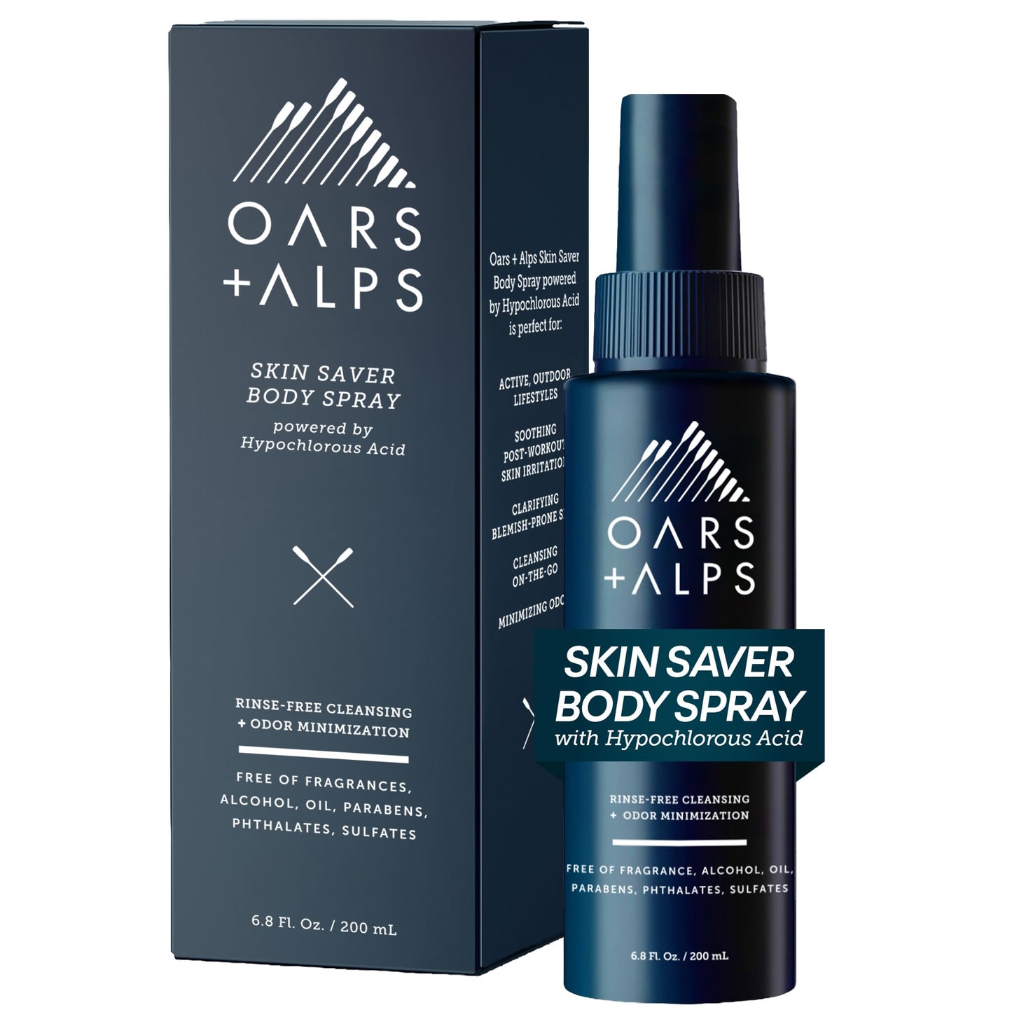 Oars + Alps Skin Saver Body Spray with Hypochlorous Acid, For Breakouts + Acne-Prone Skin, Freshens & Soothes Irritation & Redness, Use After Workouts & Post Shave, Safe & Clean Ingredients, 6.8oz