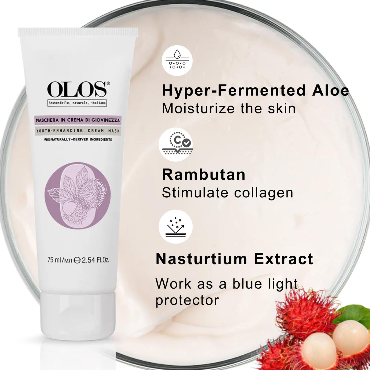 Olos Youth-Enhancing Cream Mask, 2.54 oz - Moisturizing Face Cream - Face Mask Skin Care with Shea Butter and Rambutan - Collagen Boosting Facial Mask