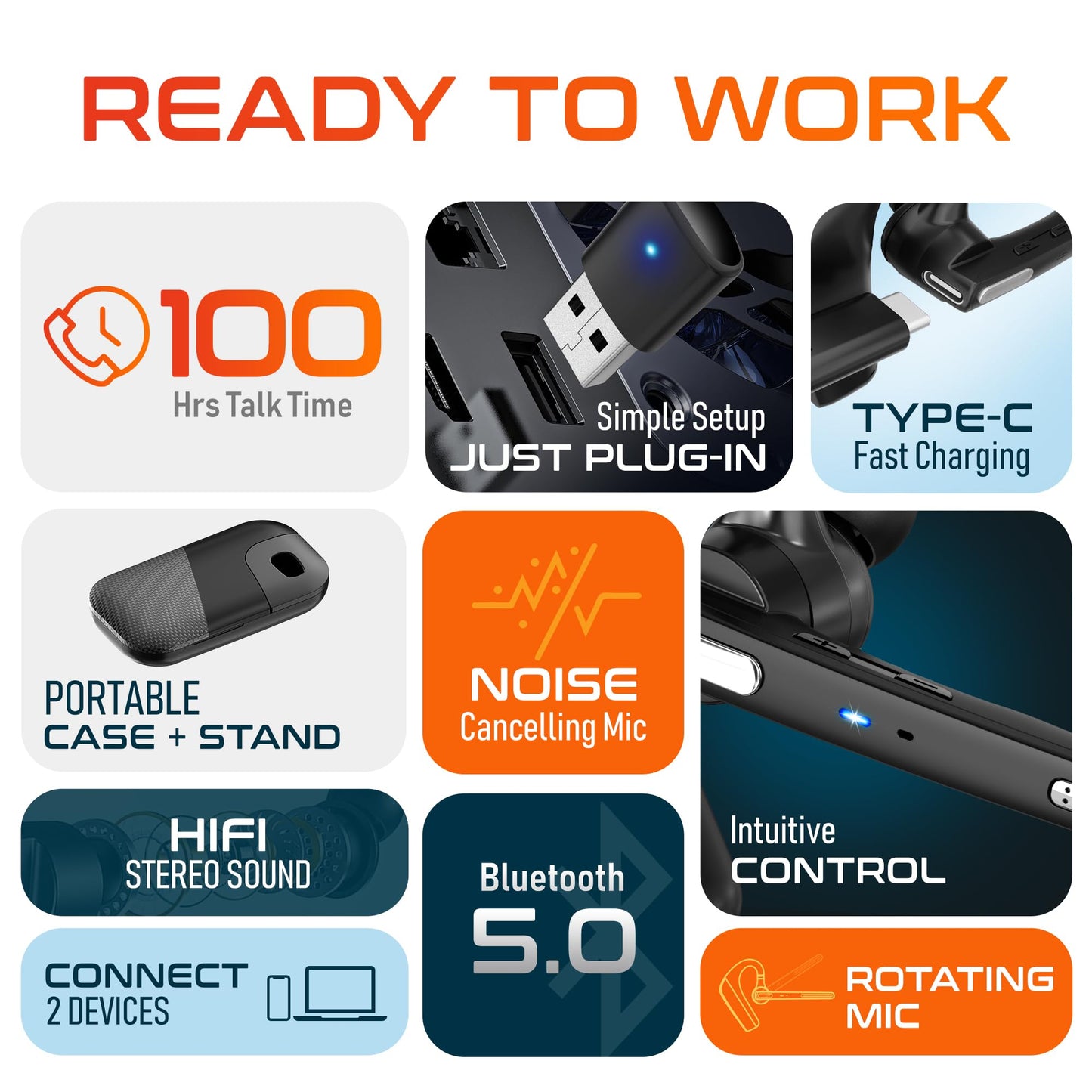 Ultralight Bluetooth Headset with Noise Cancelling Microphone, Bluetooth Earpiece with Charging Case, Auto Pair USB Dongle for PC/Laptop, Compatible with MS Teams, Zoom, Google Meet, and More - Black