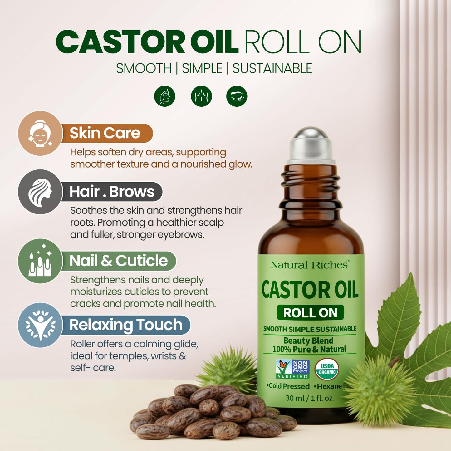 Natural Riches Organic Castor Oil Roll On - Cold Pressed, Hexane Free, 100% Pure Beauty Blend - 1 fl oz Glass Bottle with Roller Ball Applicator