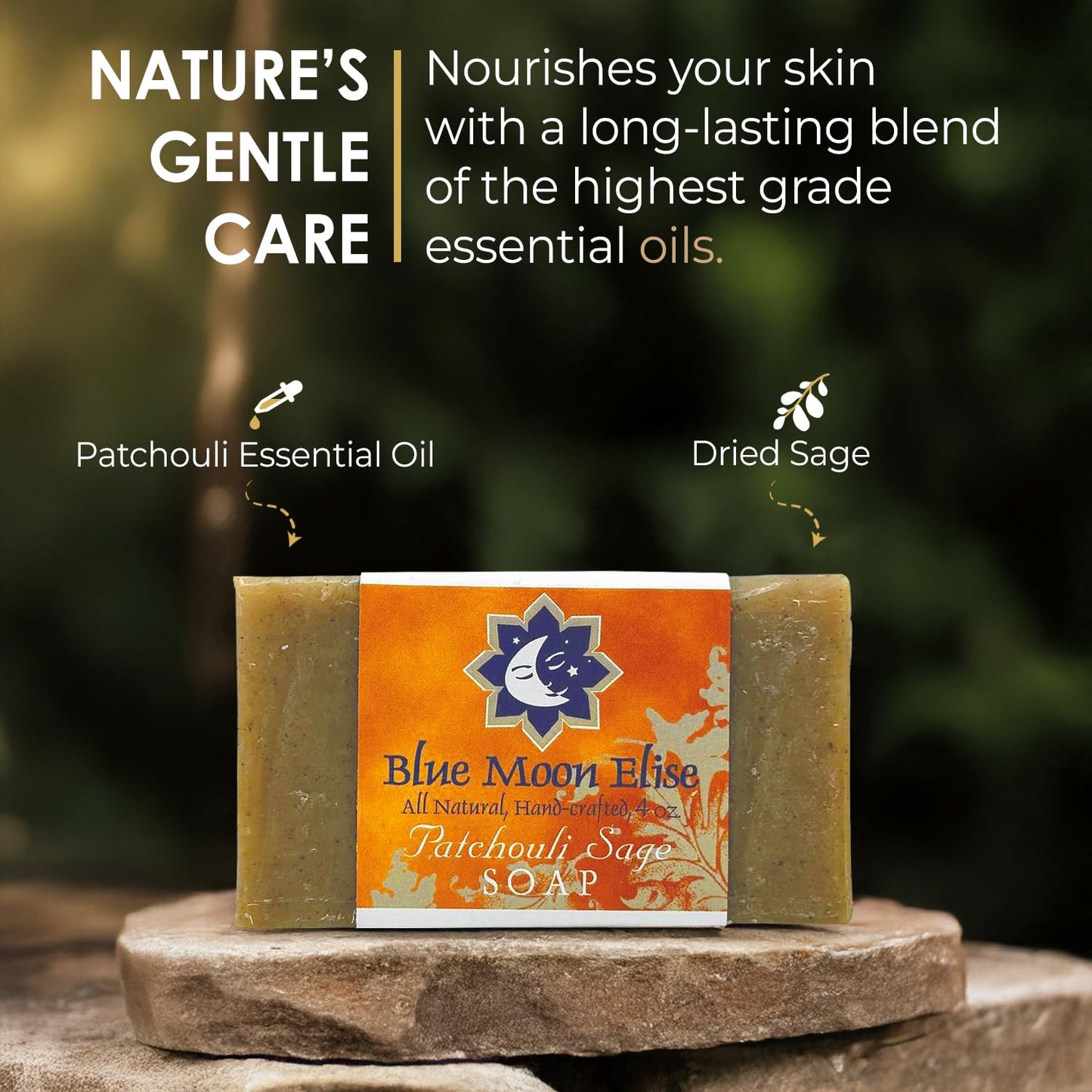Blue Moon Elise Patchouli Sage All Natural Bar Soap, Scented with Premium Essential Oils, Handmade in the USA, Moisturizing and Therapeutic for Face/Body, For Men and Women & Sensitive Skin (3 Pack)
