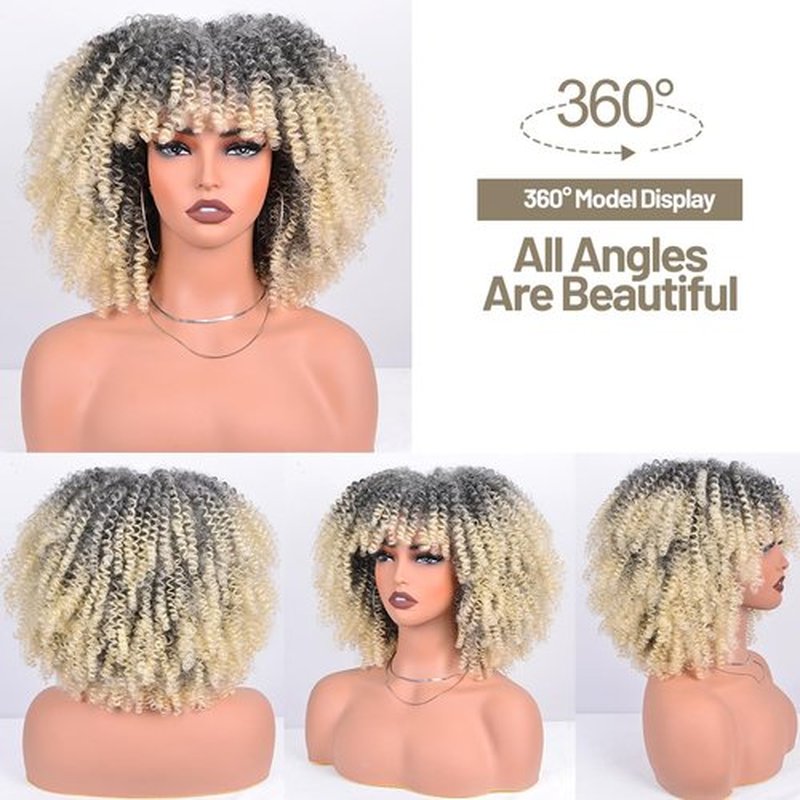 Afro Bomb Curly Wigs with Bangs 12 Inches Heat Resistant African Wig Bouncy Fluffy about 280g/Piece Short Kinky Curly Synthetic Hair Wig for Black Women (Black to Blonde)