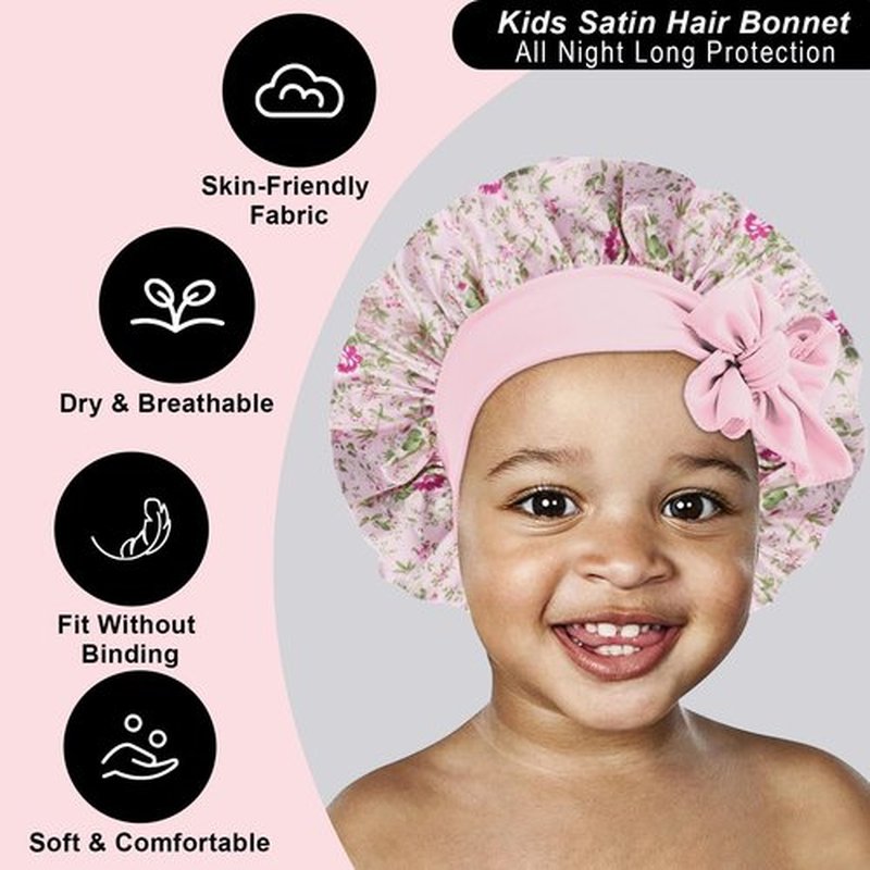 FIRSTPELLA 3 Pcs Baby Hair Bonnet for Sleeping - Kids Silk Satin Bonnets for Girls Curly Hair,Satin Sleep Bonnet for Teens Toddler Child(Pink+Black+Blue)