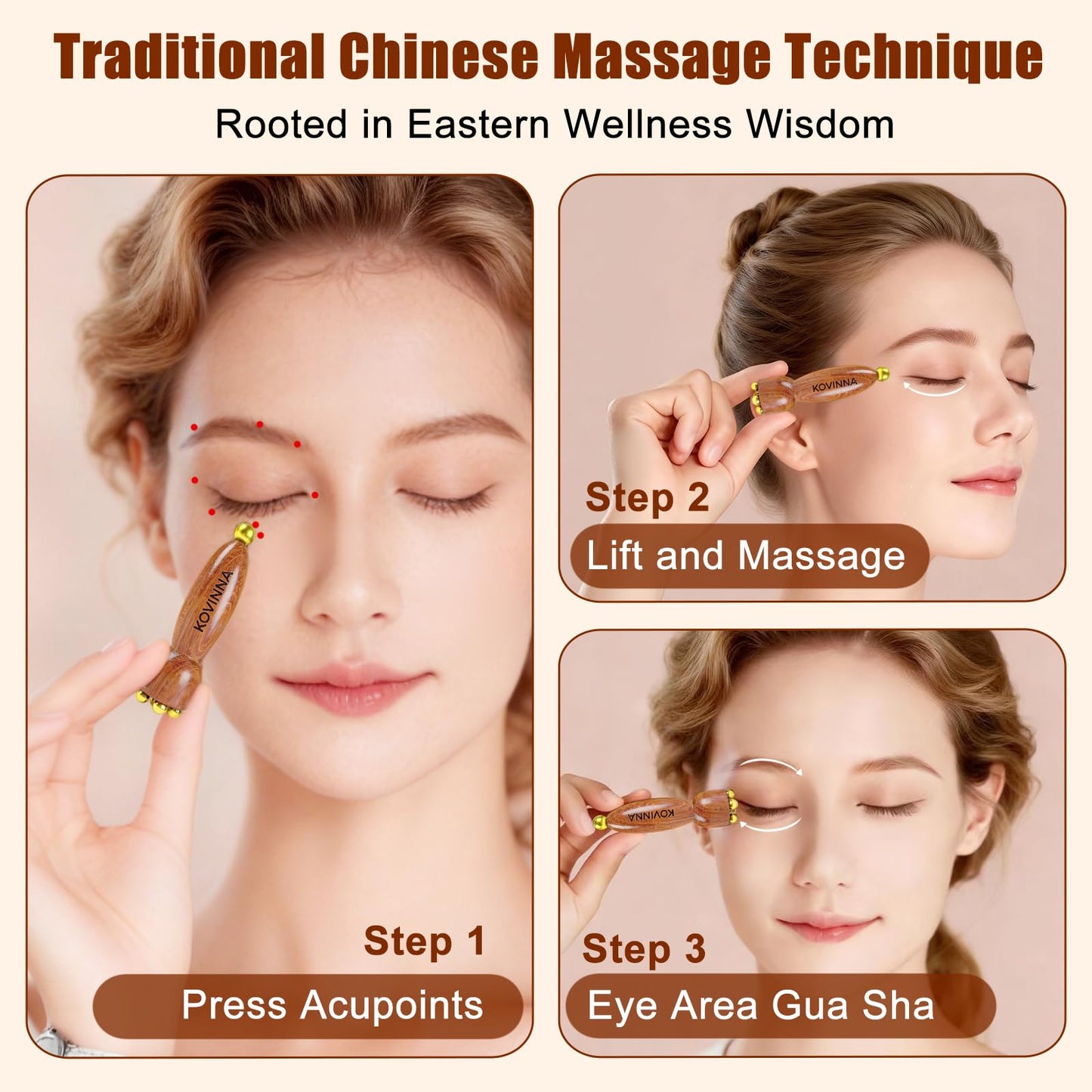 KOVINNA Brass Facial Massage Tool, Eye Massage Stick for Under Eye Gua Sha, Reduces Puffiness, Crow’s Feet & Dark Circles, Traditional Chinese Acupressure Tool, Set of 2