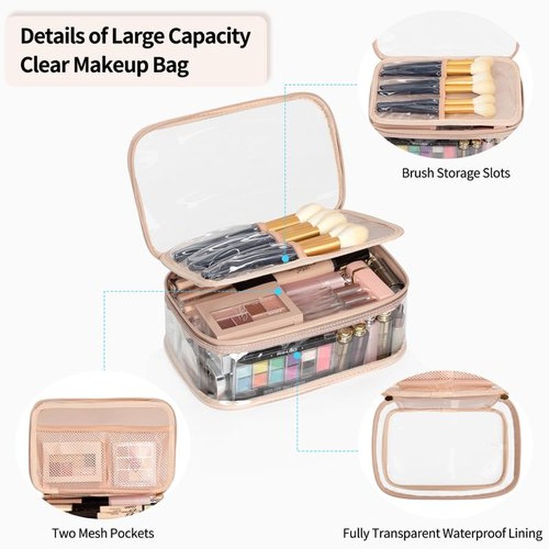 OCHEAL Clear Makeup Bag, Portable Makeup Organizer Cosmetic Bag, Large Travel Makeup Bag Cute Clear Pouch For Women and Girls Cosmetics Bags with Divider Makeup Brush Compartment-Rose Gold