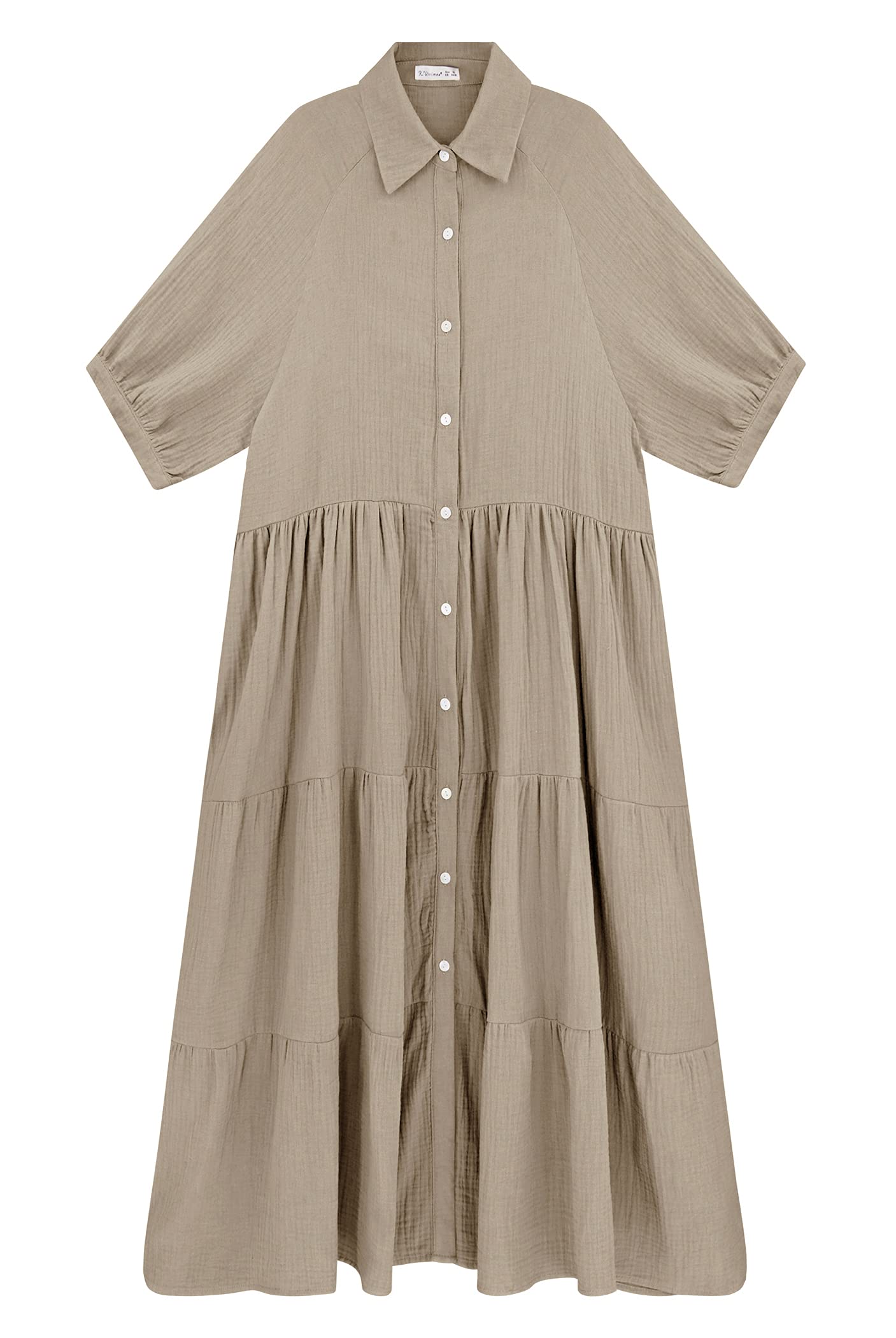 R.Vivimos Women's Summer Cotton Half Sleeves Button Down Casual Loose Slit Midi Dress with Pockets (Small, Khaki)