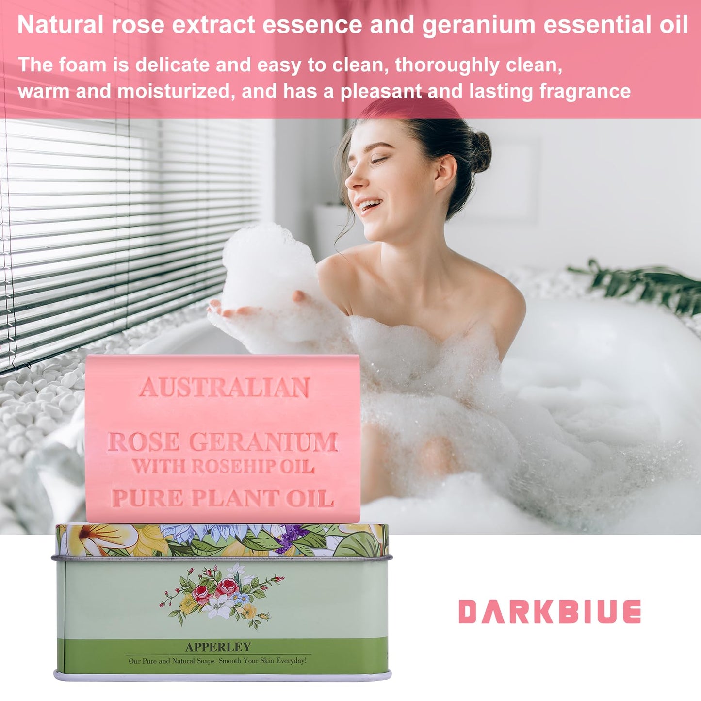 DarkBlue- Australian natural soap bar: bath soap bars; body soap bars;great scent(fragrance smell); cleansing well ; skin feeling soft;wash hair;shea moisture soap bars;rose soap bar (Rose Geranium)
