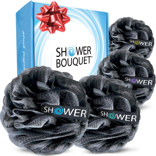 SHOWER BOUQUET Loofah-Charcoal Bath-Sponge-Color-Set XL-75g Extra Large 4 Pack, Soft Mesh Black Loufa Puff - Exfoliating Body Scrubber for Women and Men: Soothing Face & Body Exfoliator