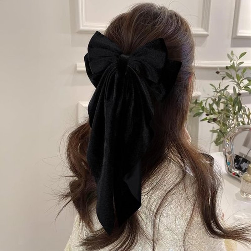2pc Large Hair Bows for Women Girls Thick Hair,Black Velvet Ribbon Hair Bow Clips with Long Tail French Barrette Hair Clamps Wedding Ponytail Holder Decor Accessories